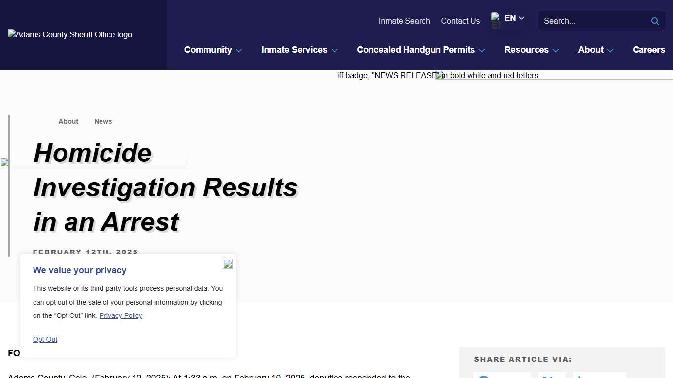 Homicide Investigation Results in an Arrest - Adams County Sheriff Office